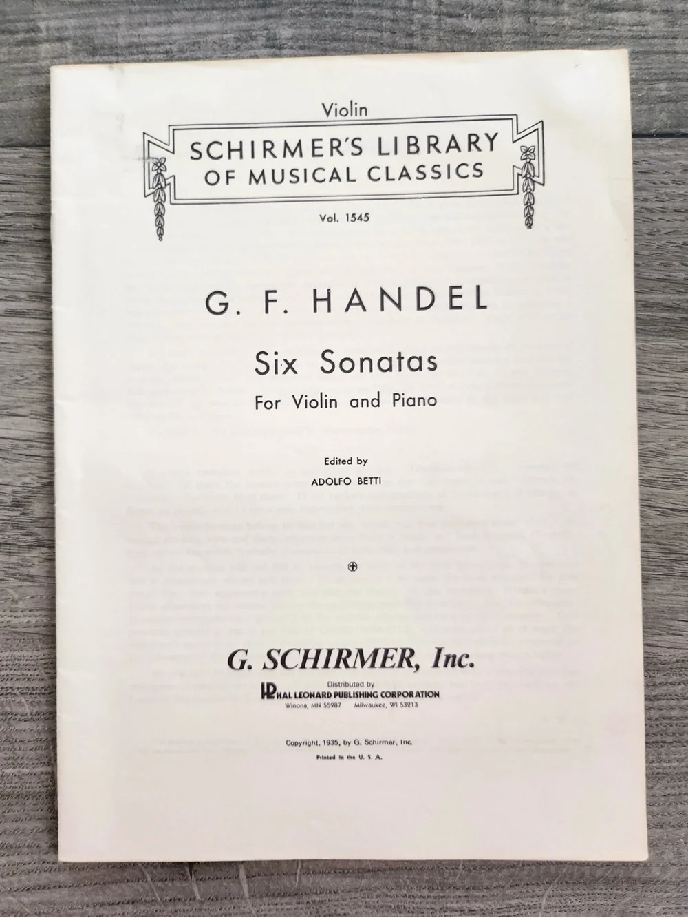 Schirmer Handel Six Sonatas for Violin and Piano  Vol 1545 Sheet Music Classical